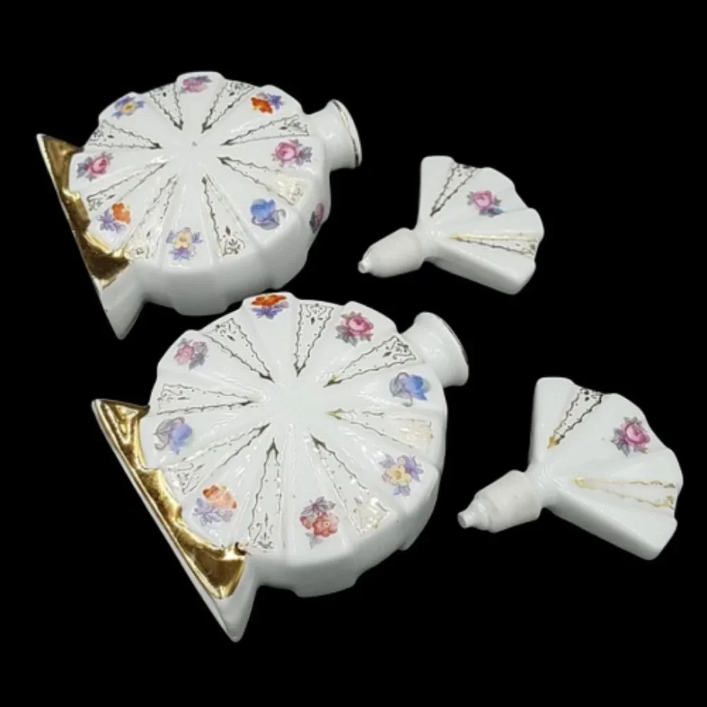 Vintage Pair Milk Glass Hand Painted Scent Bottles Japan